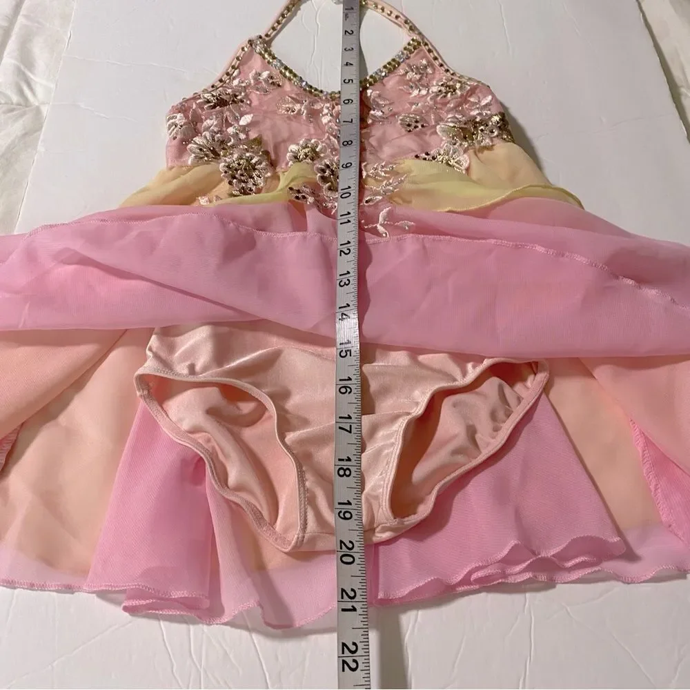 Glamour solo dance costume pastel pink yellow lyrical rhinestone dress small SC